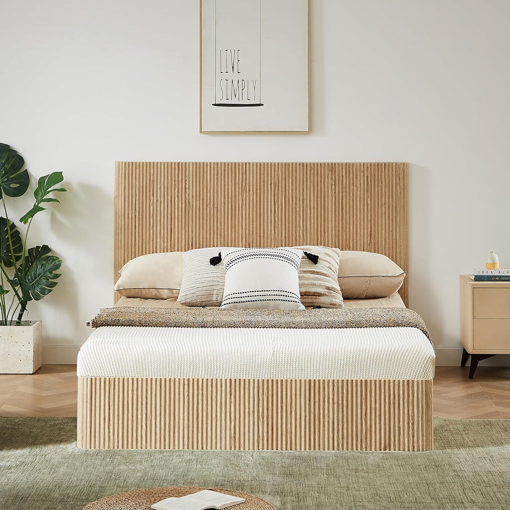KEIKI Queen Size Wood Platform Bed Bedframe with Lift Up Hydraulic Storage,Corrugated Curved Lines Design for Bedroom