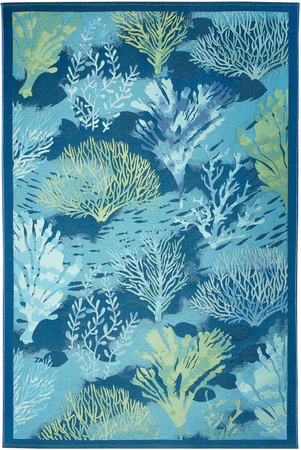 Liora Manne Marina Indoor/Outdoor Power Loomed Synthetic Blend Low Profile Area Rug - Transitional Border Botanical Beach Colorful (Coral Garden Lapis) (7'10" x 9'10")