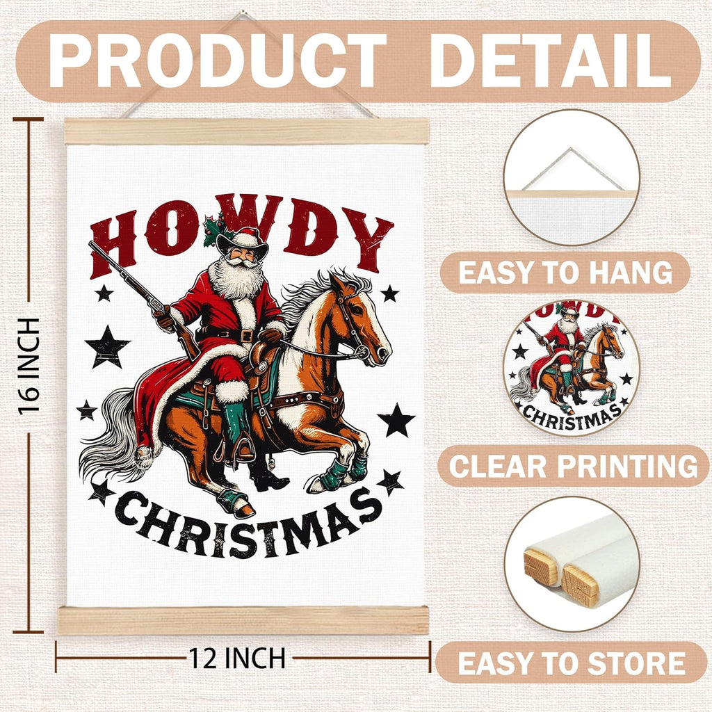 FDHSPAAM Cowboy Christmas Santa Wall Art Decor, Western Christmas Decor, Funny Retro Country Rodeo Howdy Santa Wall Art Posters for Home Bedroom Living Room, 12x16 Inch