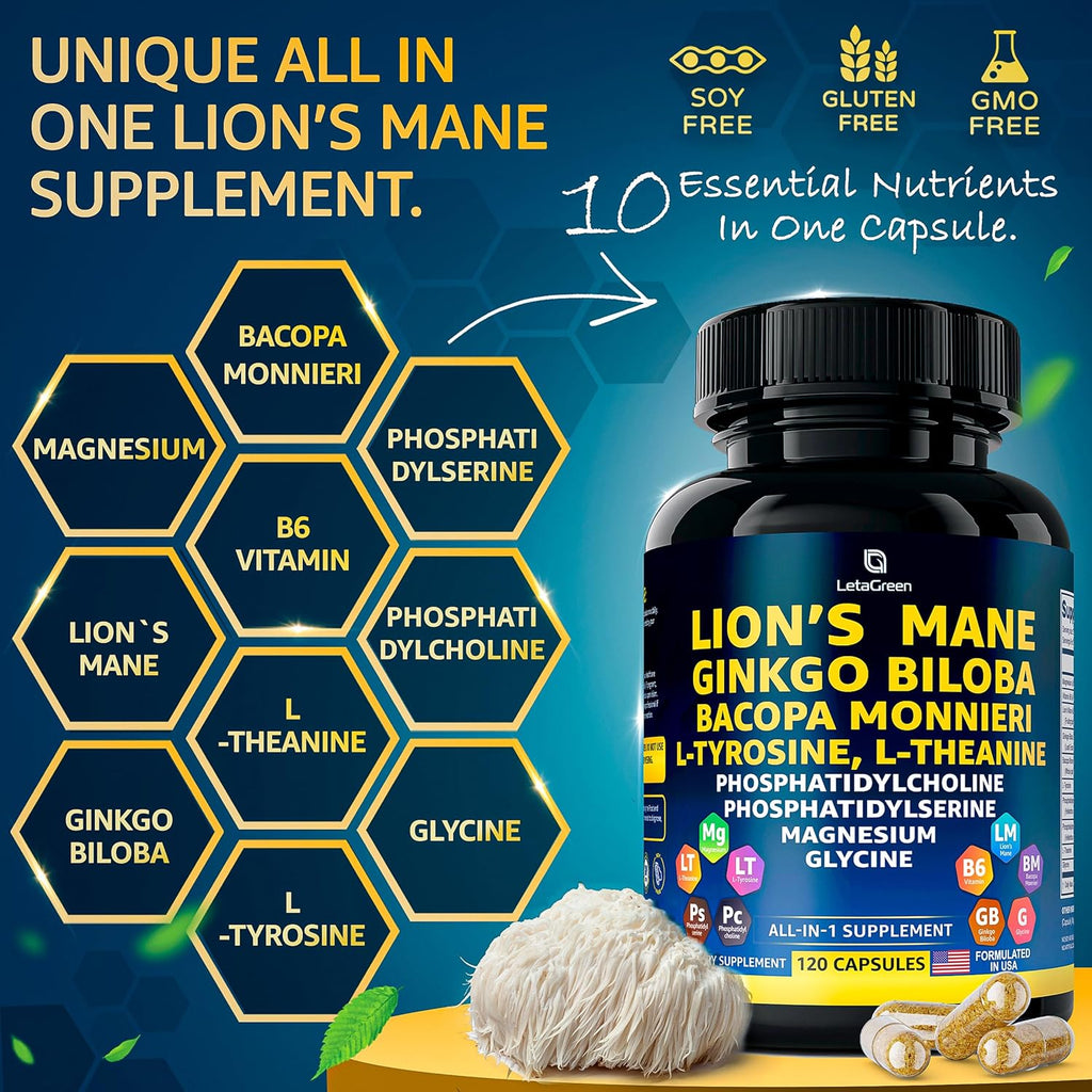 Organic Lions Mane Supplement Capsules - 360 Real Mushrooms Lion's Mane Capsules with Ginkgo Biloba Herb, Bacopa Monnieri, L Theanine, L Tyrosine - Mushroom Complex for Daily Wellness