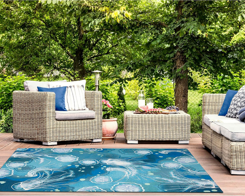 Liora Manne Marina Indoor/Outdoor Power Loomed Synthetic Blend Low Profile Area Rug - Contemporary Graphic Coastal Beach Colorful (Jelly Fish Bloom) (8'10" x 11'9")