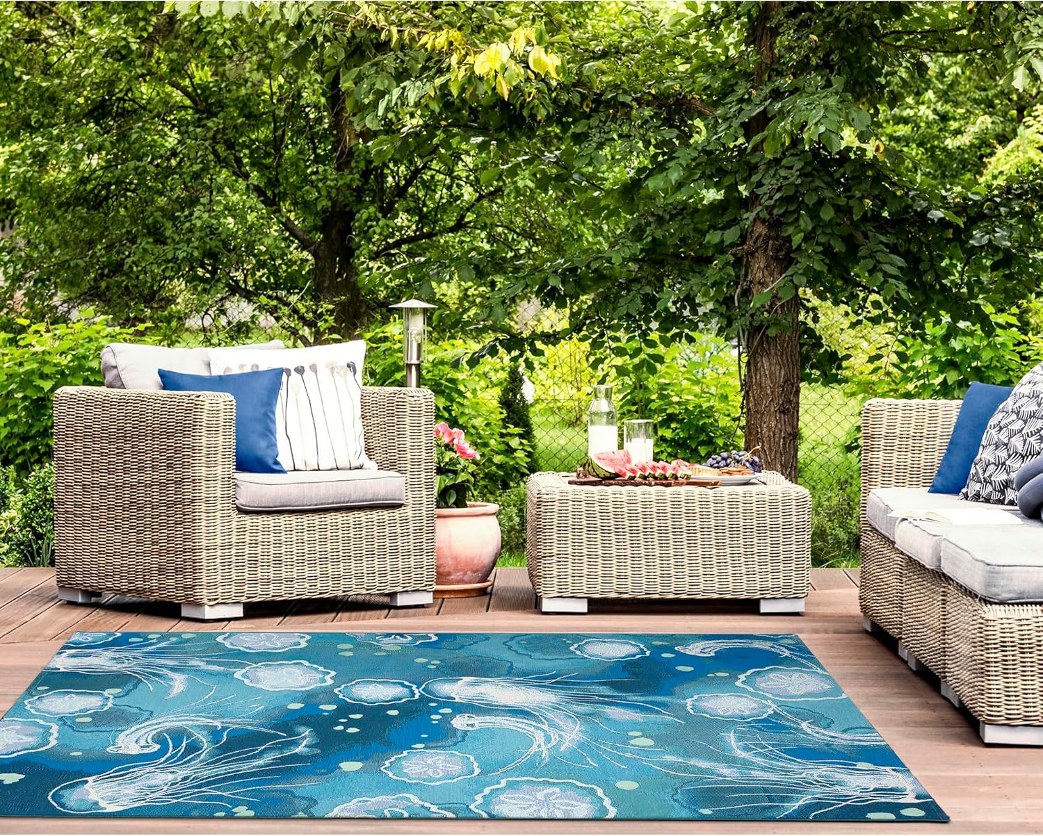 Liora Manne Marina Indoor/Outdoor Power Loomed Synthetic Blend Low Profile Area Rug - Contemporary Graphic Coastal Beach Colorful (Jelly Fish Bloom) (8'10" x 11'9")