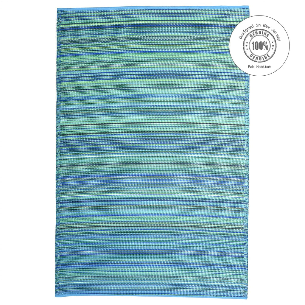 Fab Habitat Outdoor Rug - Waterproof, Fade Resistant, Crease-Free - Premium Recycled Plastic - Striped - Large Patio, Deck, Sunroom, Camping, RV - Cancun - Turquoise & Moss Green - 6 x 9 ft