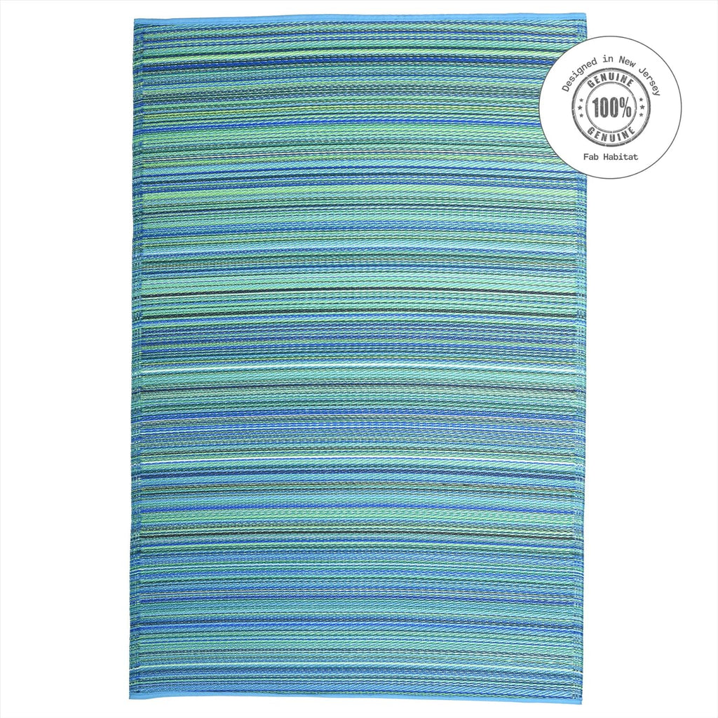 Fab Habitat Outdoor Rug - Waterproof, Fade Resistant, Crease-Free - Premium Recycled Plastic - Striped - Porch, Deck, Balcony, Laundry Room, Patio - Cancun - Turquoise & Moss Green - 3 x 5 ft