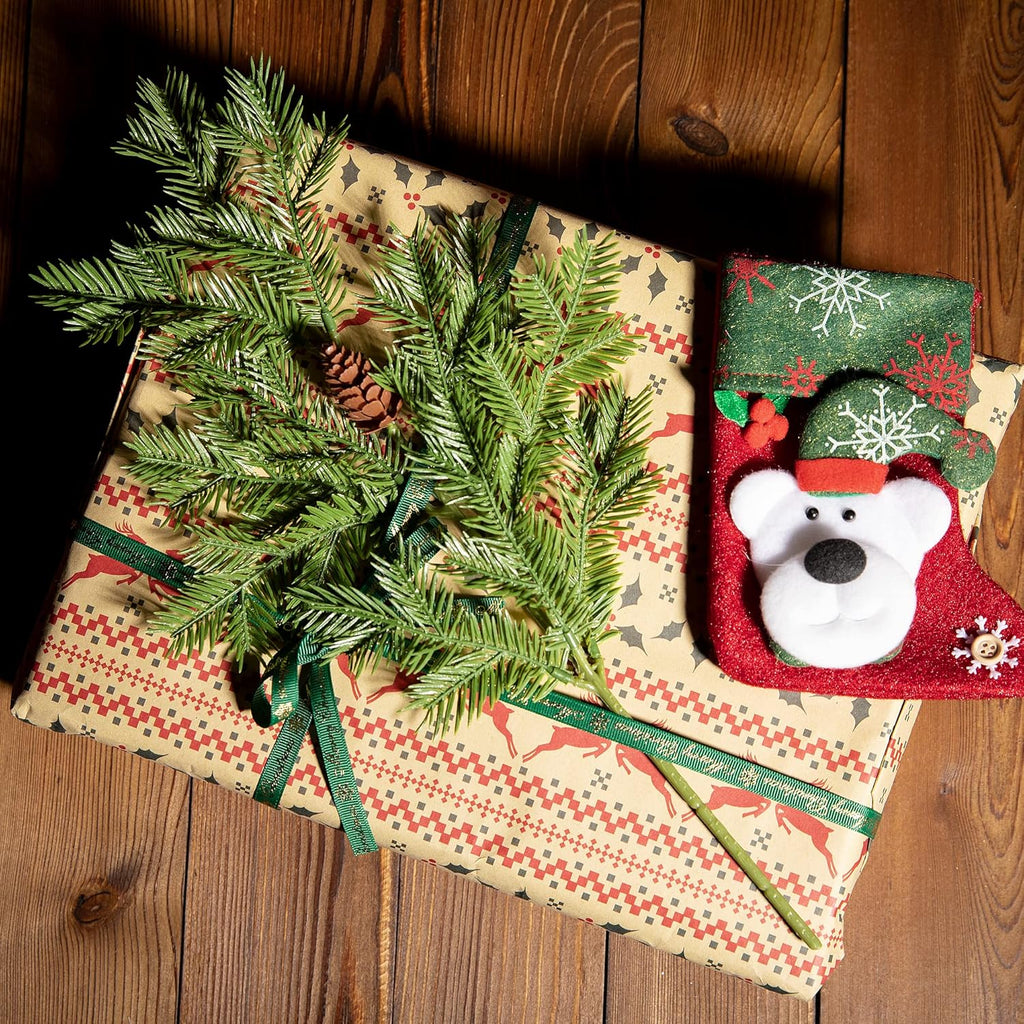 Watayo 8 Pcs Large Artificial Pine Needles Branches- 16" x 7" Christmas Fake Greenery Pine Picks with Pinecone- Faux Pine Leaves Sprigs for Christmas Garland Wreath & Home Garden Decoration