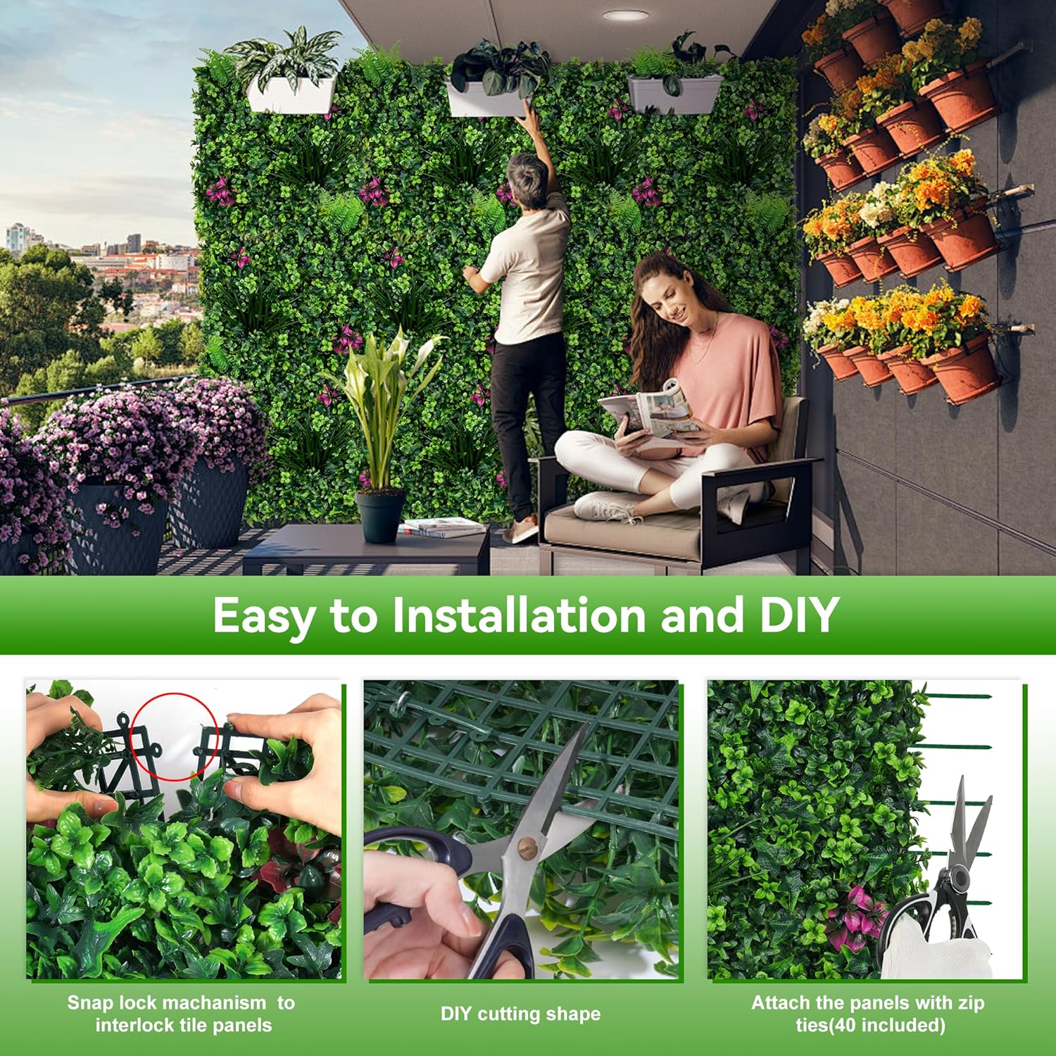 Artificial Grass Wall Panels, 20"x20" 6pcs Greenery Backdrop with Mint Plant Leaves, UV-Anti Fake Greenery Plant Boxwood Panels for Privacy Fence Screen, Outdoor Green Wall Decor for Patio Garden