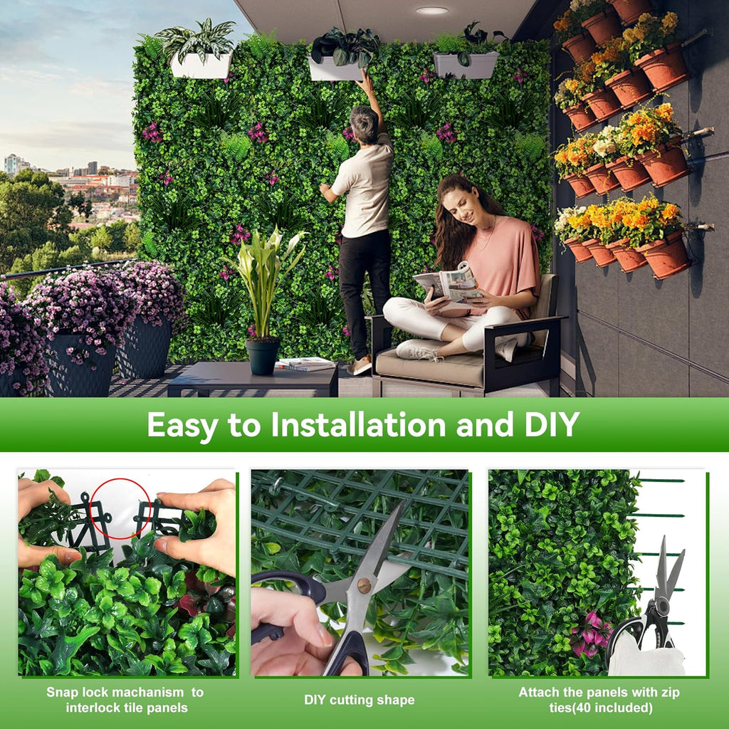 Artificial Grass Wall Panels, 20"x20" 8pcs Grass Backdrop with Mint Plant Leaves, UV-Anti Fake Greenery Plant Boxwood Panels for Privacy Fence Screen, Outdoor Green Wall Decor for Patio Garden
