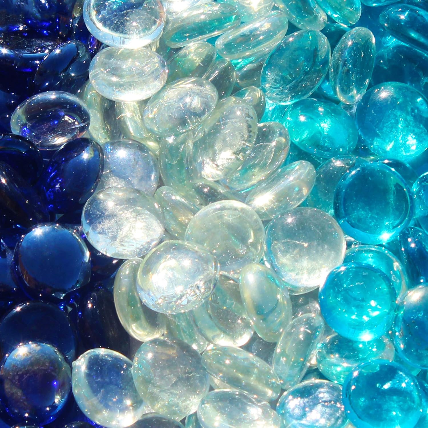Reflective Fire Pit Glass Beads - Professional Grade Fire Glass for Fire Pit - 3/4" Firepit Glass Rock - Glass Stones - Gas Fireplace Glass (10 Pound, Clear, Aqua Blue, Dark Blue)