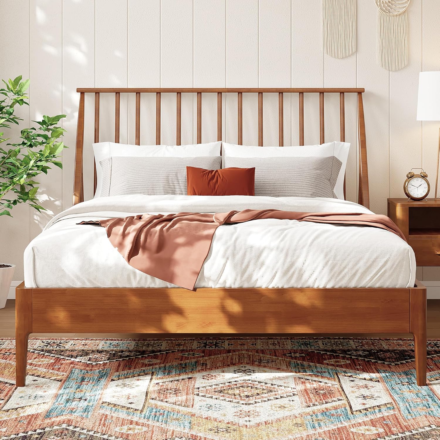Merax King Size Bamboo Wood Bed Frame with 46.5" Tall Headboard, Bohemian Spindle Platform Bed with Wood Slat, Heavy Duty Steel Center Beam for Support, Under Bed Storage, No Box Spring Needed, Brown
