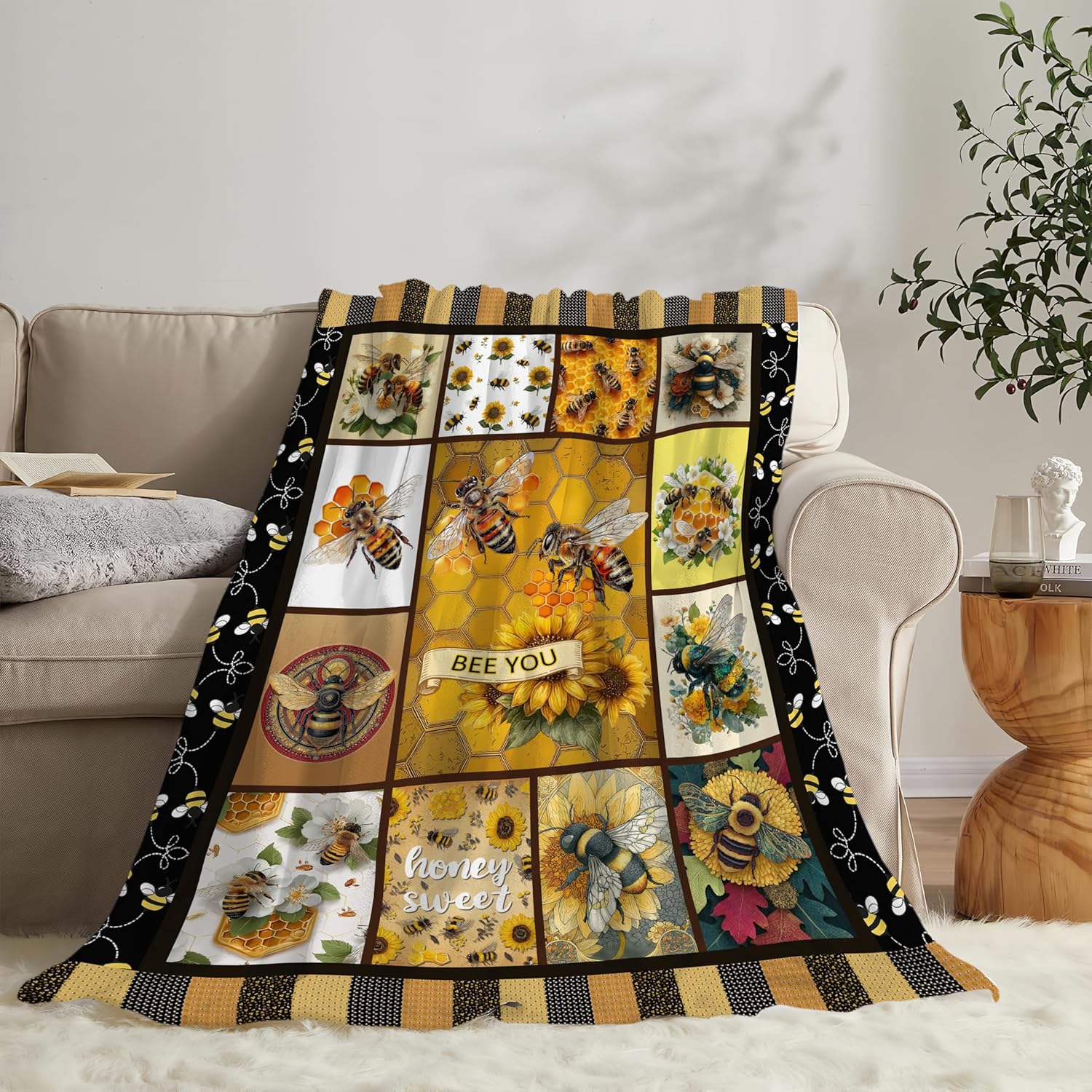 Bee Throw Blanket Bee Stuff Gifts for Kids Girls Boys Adults Women Men Soft Cozy Warm Plush Fluffy Fuzzy Fleece Blanket Decor 60''X80''