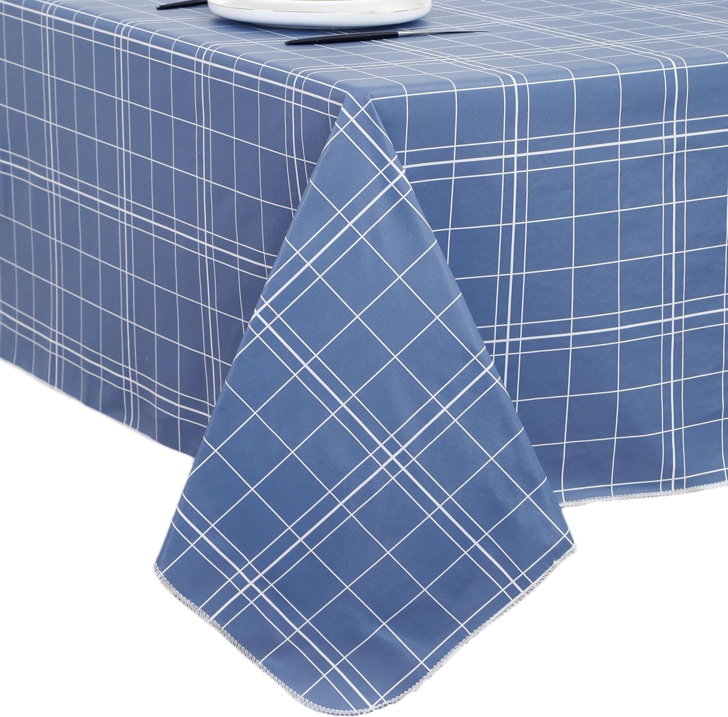 Walrus Heavy Duty Vinyl Tablecloth with Flannel Backing Waterproof Oil-Proof Plastic Table Cloth Stain-Resistant Wipeable Rectangle or Square Table Cover for Indoor and Outdoor (Blue Grid,52x70 Inch)