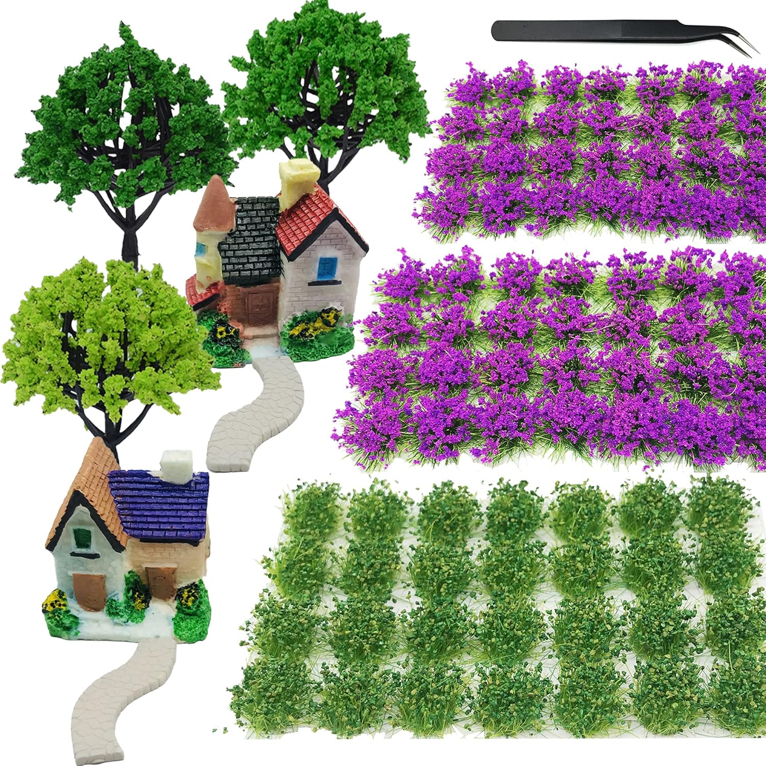 Cayway 11 PCS Flower Cluster Model Flower Vegetation Groups Grass Tufts Set, Model Trees and House, Miniature Static Scenery Model for DIY Architecture Building Garden Scenery Landscape