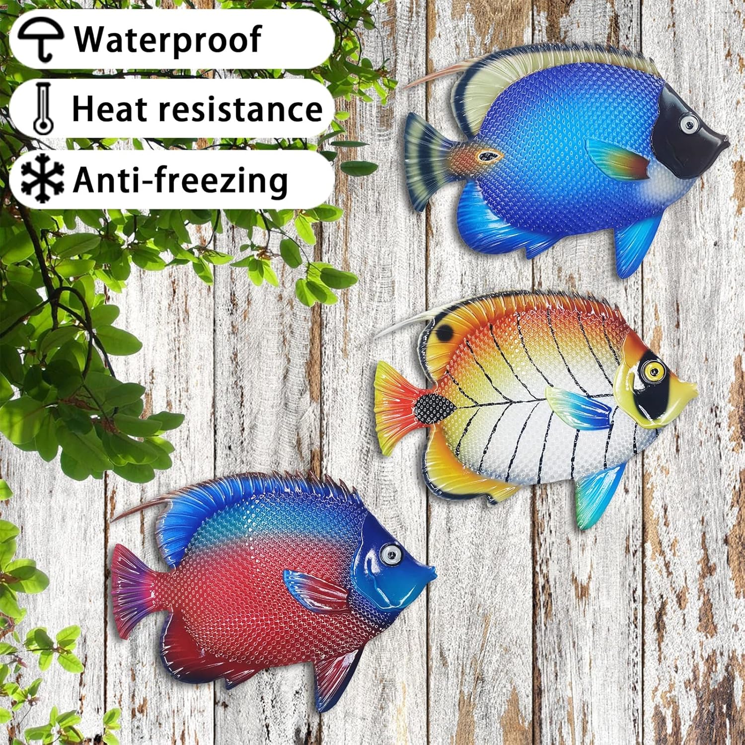 John's Studio Metal Fish Sea Wall Decor Outdoor Garden Hanging Art Sculptures Home Ocean Theme Decorations for Kitchen Bathroom and Pool - 3 PCS