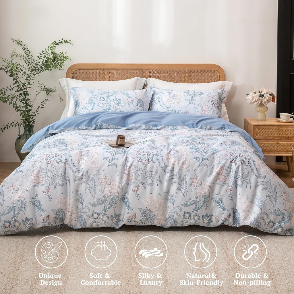 MILDLY Cal King Size Duvet Cover Set 100% Long-Staple Cotton Luxury Paisley Floral Patten Reversible Comforter Cover Set 3Pcs