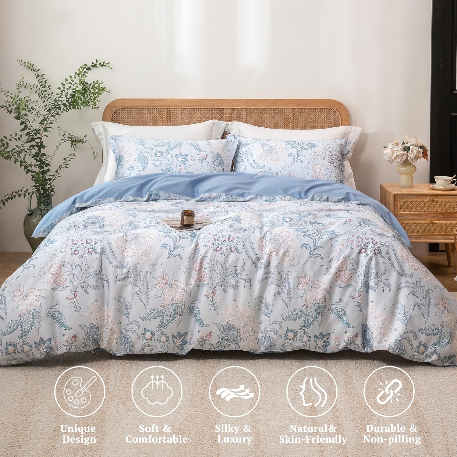 MILDLY Cal King Size Duvet Cover Set 100% Long-Staple Cotton Luxury Paisley Floral Patten Reversible Comforter Cover Set 3Pcs