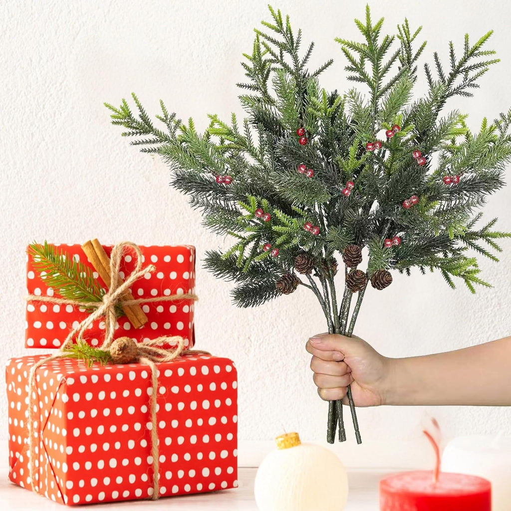 6 Pack Pine Branches with Red Berry, Sliver Christmas Stems for Vases, Artificial Floral Picks for Xmas Indoor Winter Holiday Decor,20 Inch