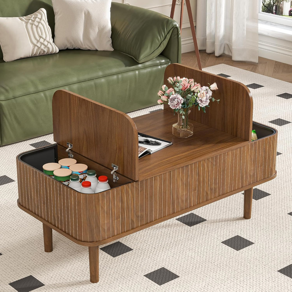 Fluted Lift Top Coffee Table with Storage, Mid Century Modern Coffee Table for Living Room, Home Small Space,39.4" Fluted Center Table (Rectangle-Walnut, 39.4inch)