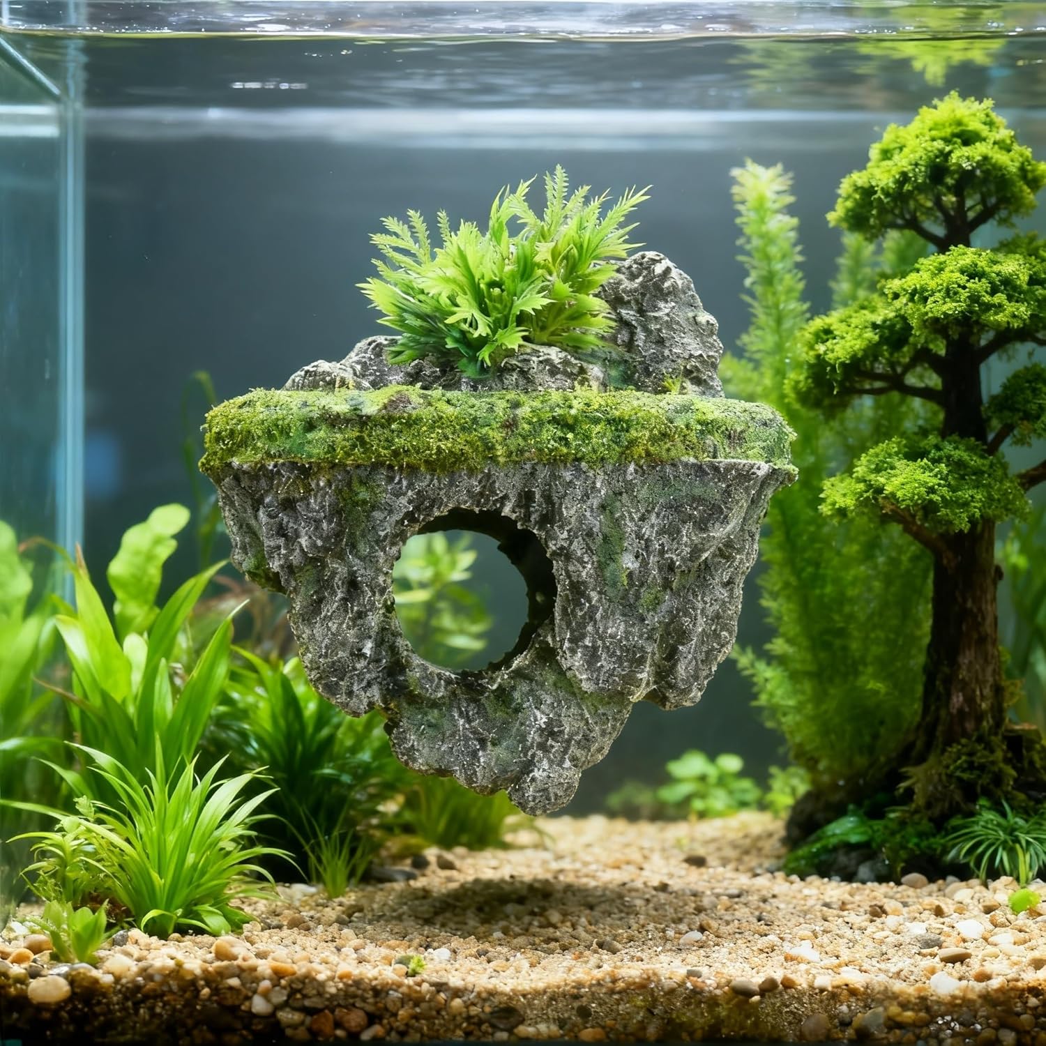 Aquarium Floating Island, Interactive Decor Toy for Betta Fish, Guppies, Goldfish, Shrimps & Hermit Crabs