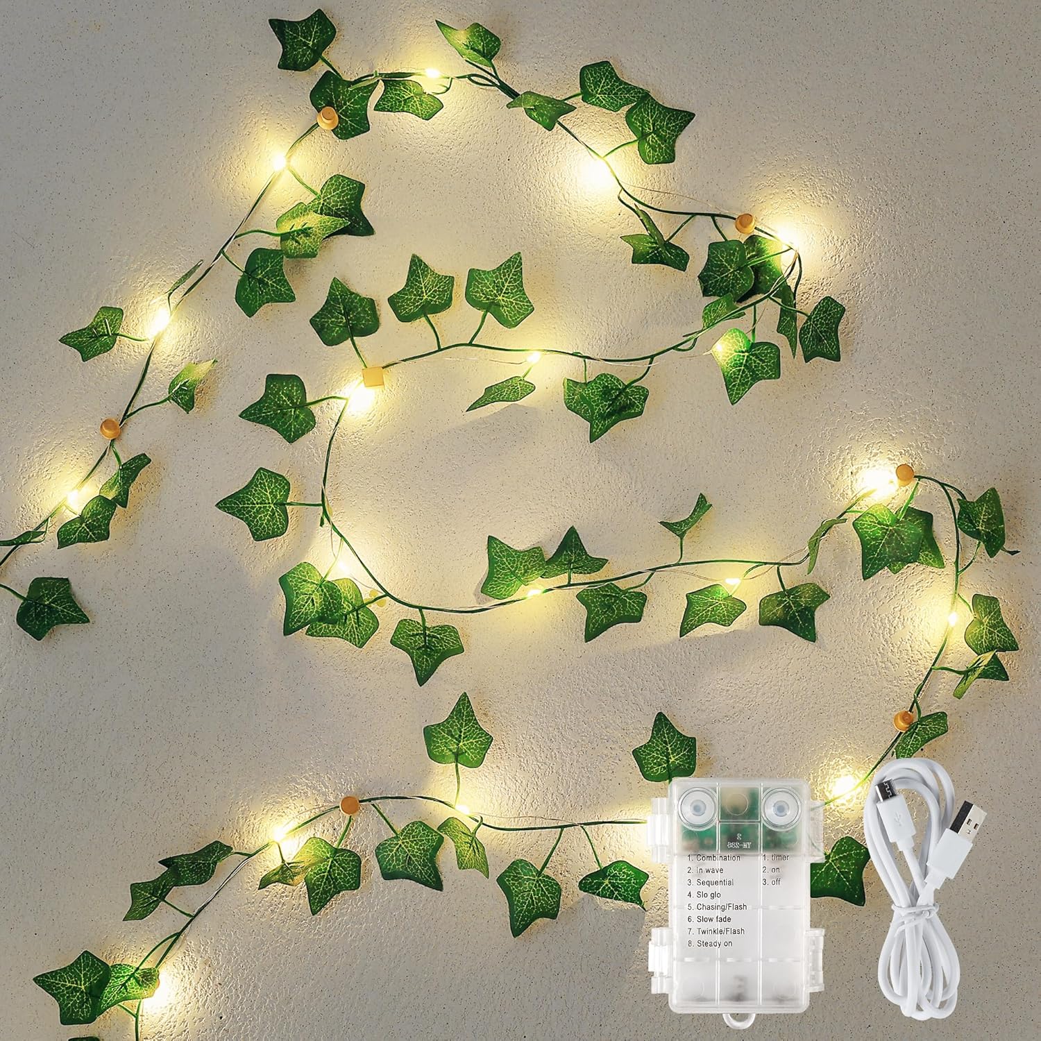 Vine with String Lights Battery Operated, 23FT 73 LED Ivy Leaf Lights USB Powered, Lighted Ivy Garland for Bedroom, Wall, Party, Garden, Birthday, Wedding, Room Decor, Warm White
