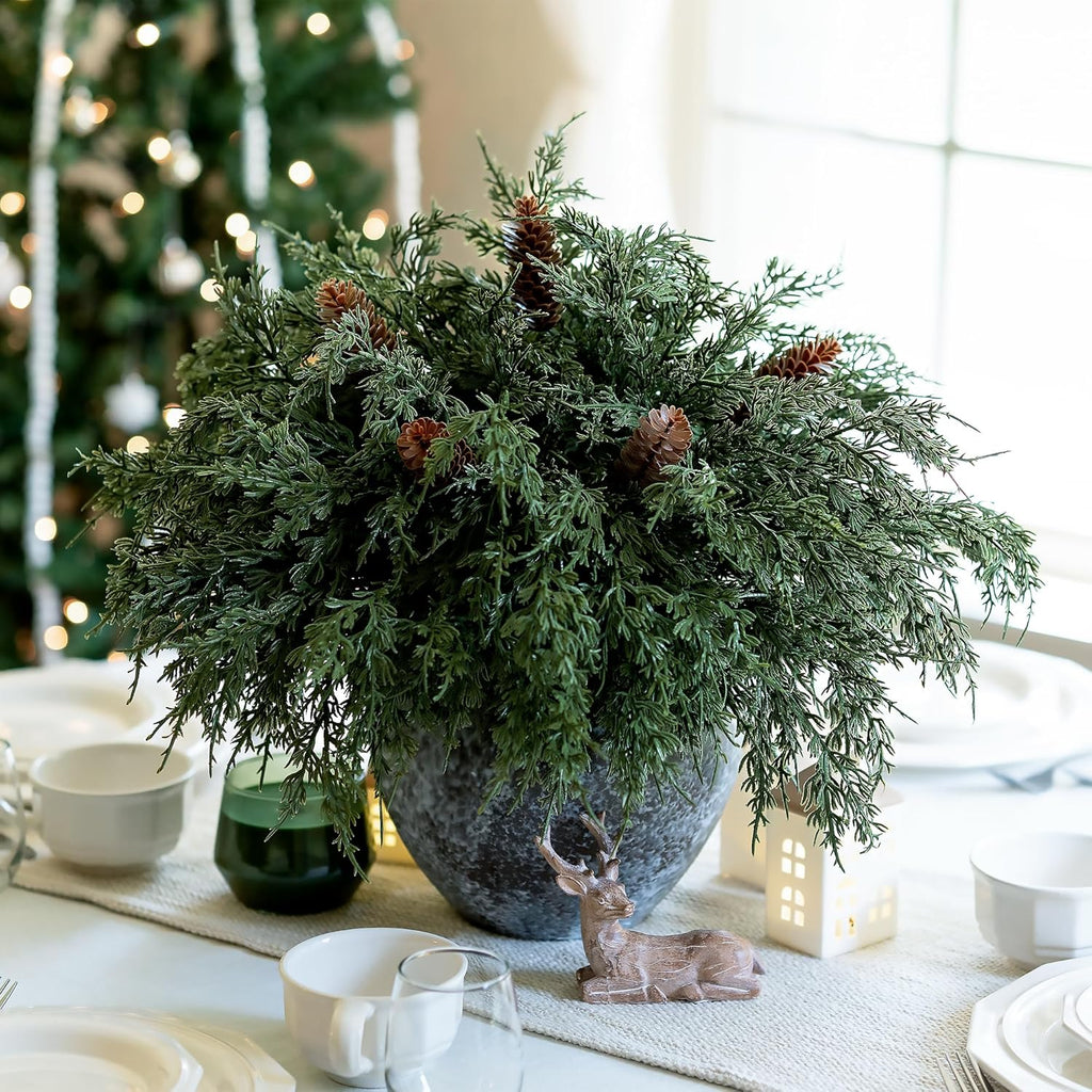 Cedar Stems Artificial Norfolk Pine Branches for Christmas Decor, 12 PCS Fake Pine Stems with 5 PCS Big Pine Cones Branches Realistic Fake Plants Faux Greenery for Vases DIY Garland Xmas Table Indoor