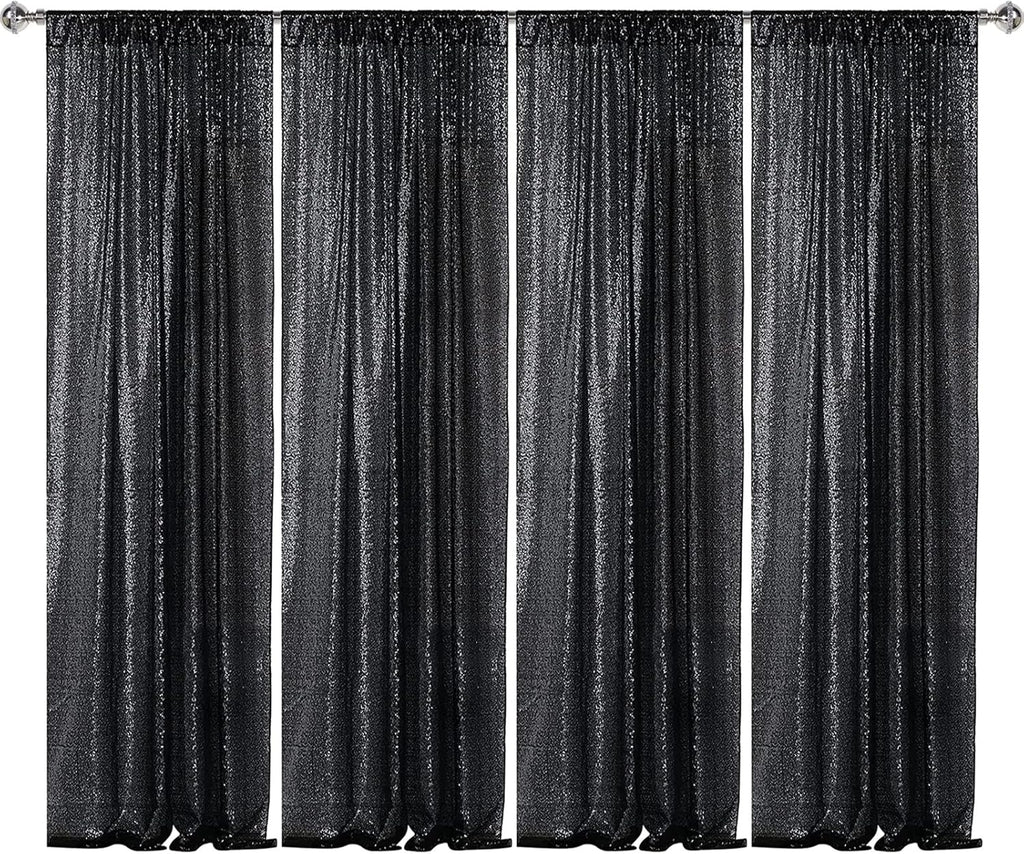 Sugargirl Halloween Black Sequin Backdrop Curtain 4 Panels 2FTx8FT Glitter Black Background Drapes Sparkle Photography Backdrop for Party Wedding Birthday Wall Decoration