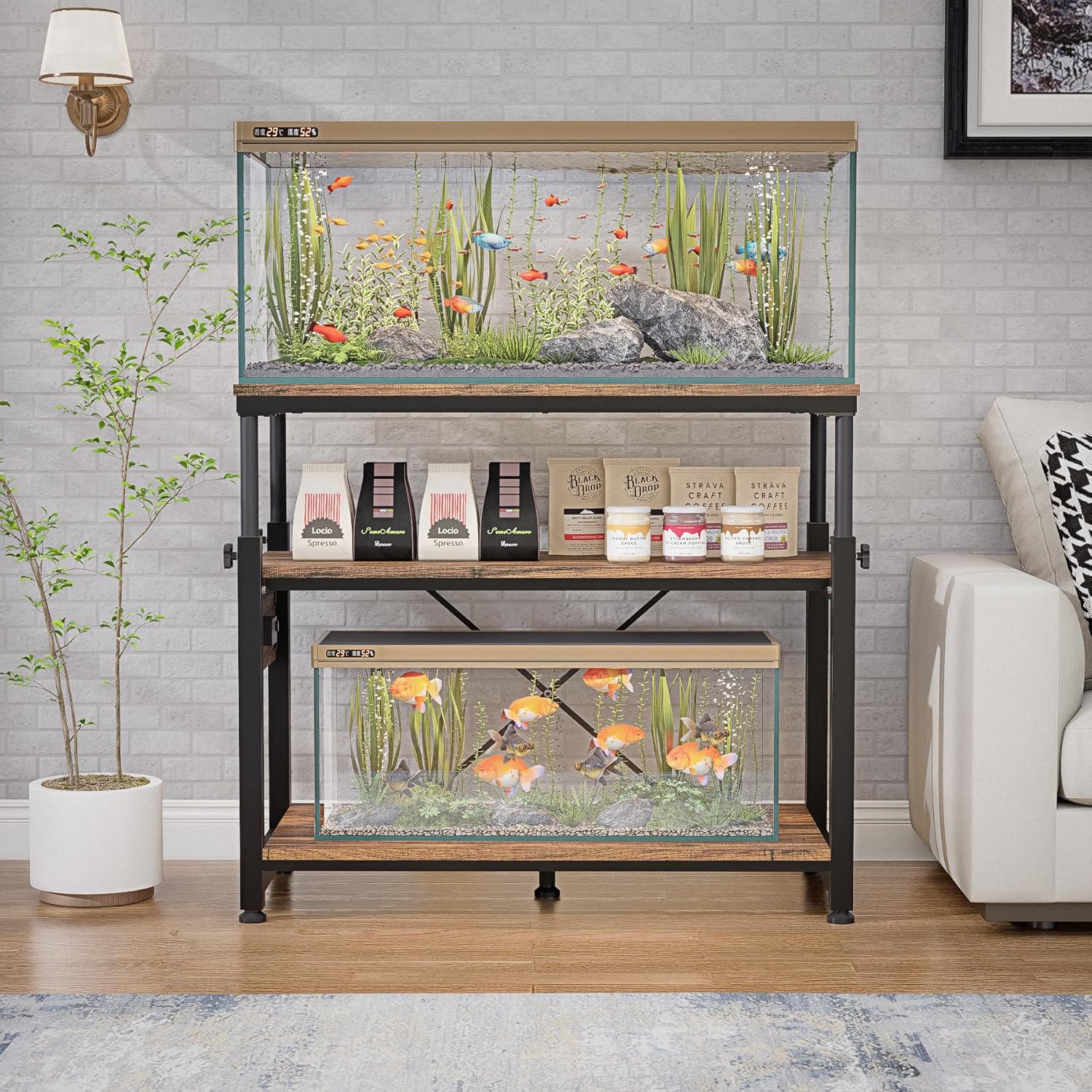 30-40-50 Gallon Aquarium Stand with Storage, 3-Tier Metal Fish Tank Stand with Power Outlet & Adjustable Height, Heavy Duty Turtle Tank Stand for Living Room Bedroom Office, Rustic Brown