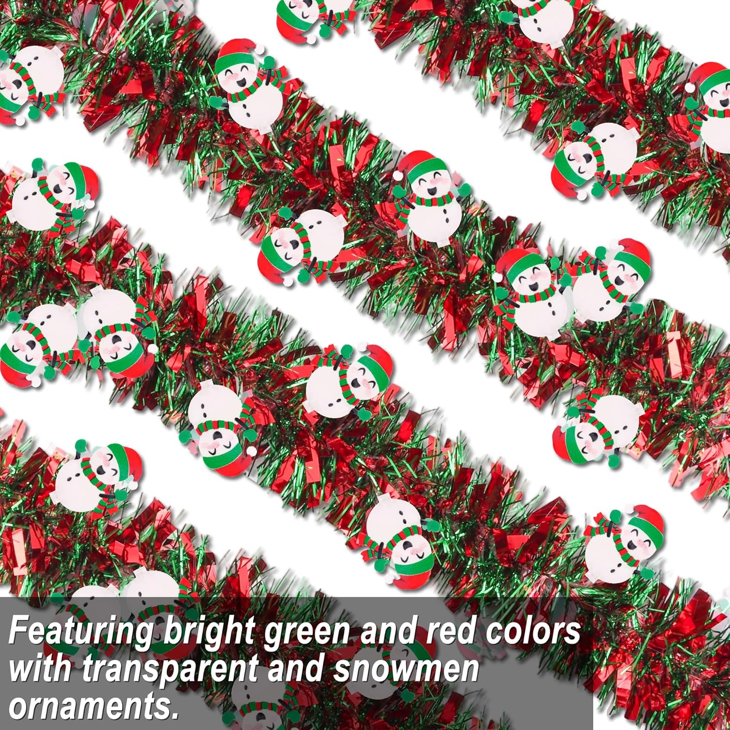50 FT Christmas Tinsel Garland Christmas Decorations with Snowman Ornament, Red Green Shiny Metallic Twist Christmas Garland for Xmas Tree Home Mantle Stairs Indoor Outdoor Holiday Party Decor