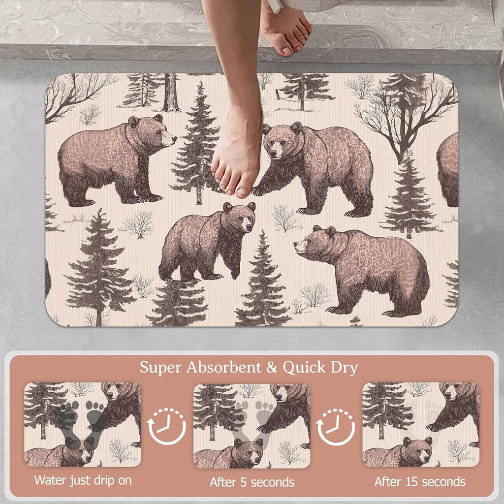 Retro Bear Bathroom Rugs,Bath Mats for Bathroom,Forest Printed Low Pile Absorbent Bath Mat,Rubber Backing Non Slip Washable Thin Quick Dry Door Mat 17x29.5 Inch