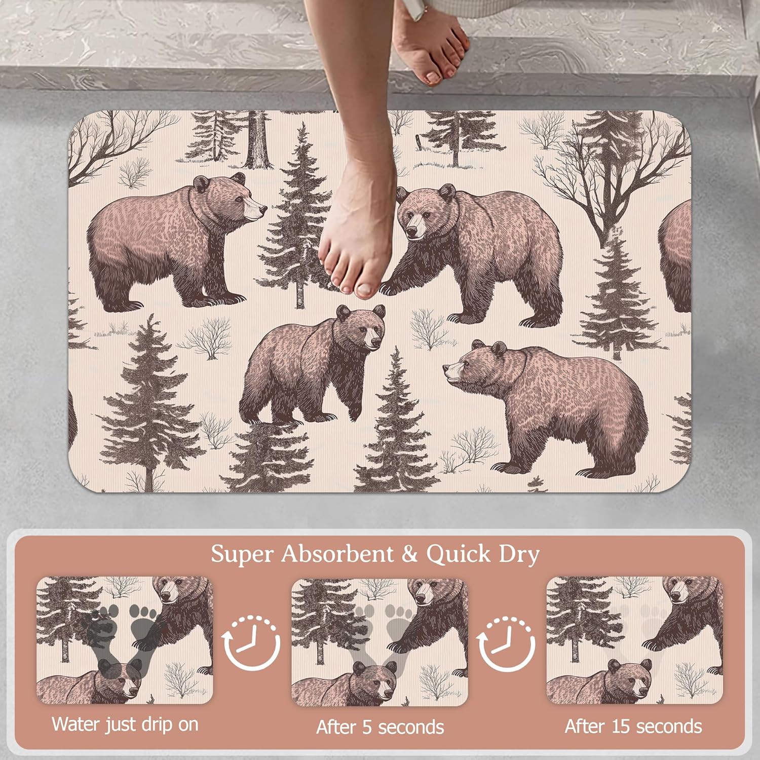 Retro Bear Bathroom Rugs,Bath Mats for Bathroom,Forest Printed Low Pile Absorbent Bath Mat,Rubber Backing Non Slip Washable Thin Quick Dry Door Mat 17x29.5 Inch