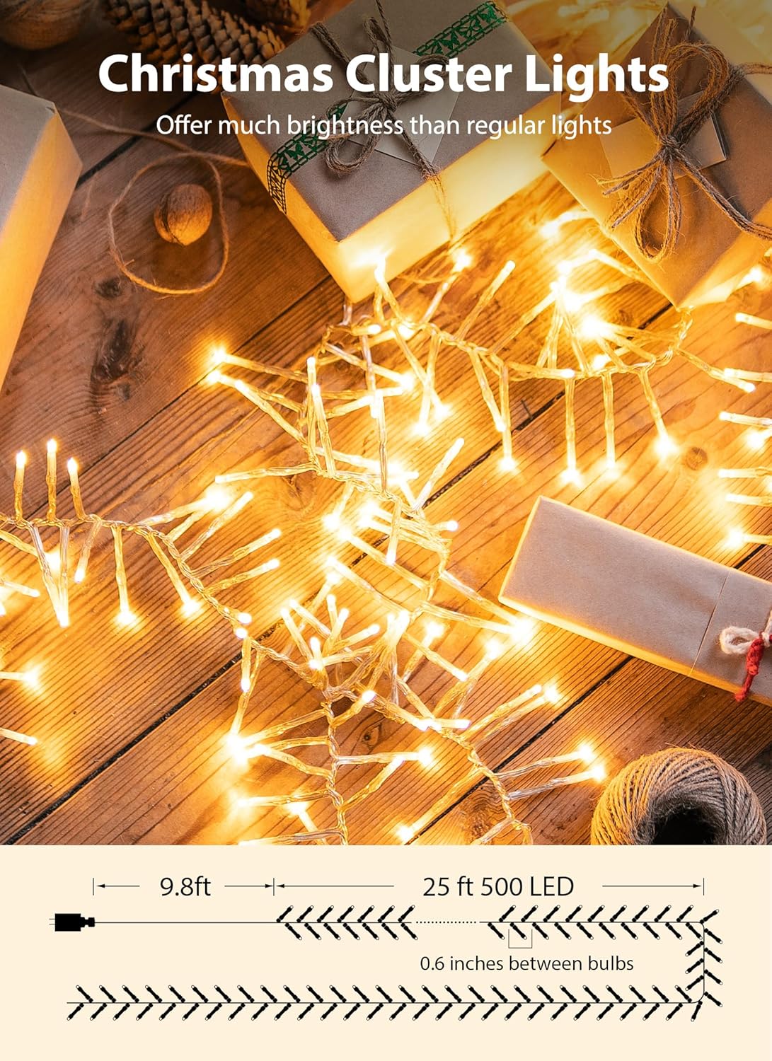 Minetom Christmas Lights Outdoor Cluster Lights - 500 LED 25 Ft Christmas Firecrackers String Lights, 12 Modes Timer Waterproof Connetable Plug in Twinkle Fairy Lights for Xmas Tree Garland Party