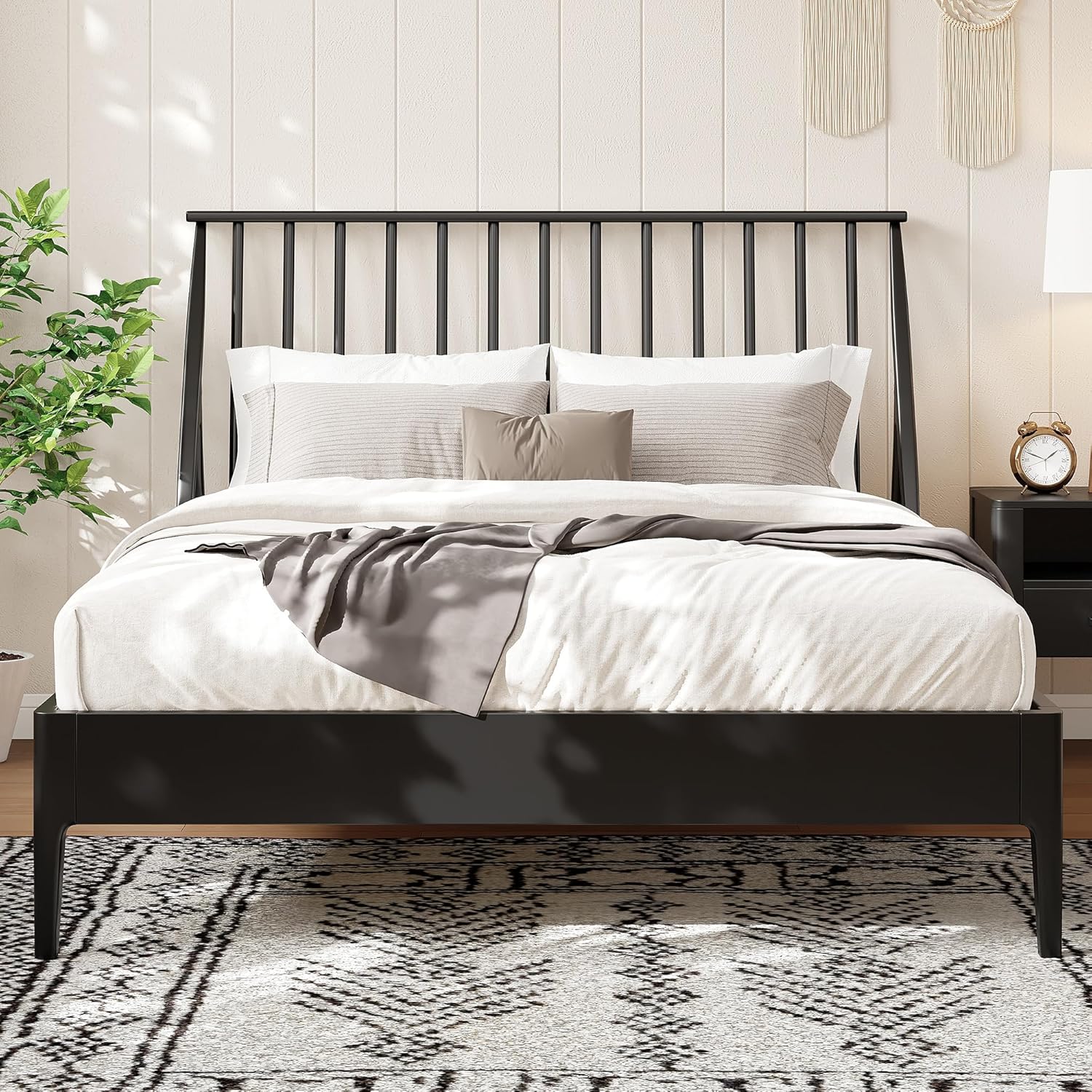 Merax Queen Size Bamboo Wood Bed Frame with 46.5" Tall Headboard, Bohemian Spindle Platform Bed with Wood Slat, Heavy Duty Steel Center Beam for Support, Under Bed Storage, No Box Spring Needed, Black