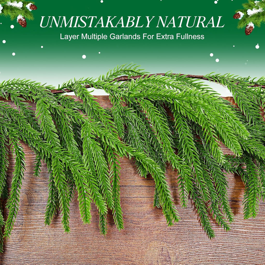 2 Pack 9 Ft Artificial Norfolk Pine Garlands - Christmas Decor Realistic Pine Garland, Green Faux Greenery Garland for Table, Mantle, Fireplace, Wall, Indoor Outdoor Winter Christmas Decorations
