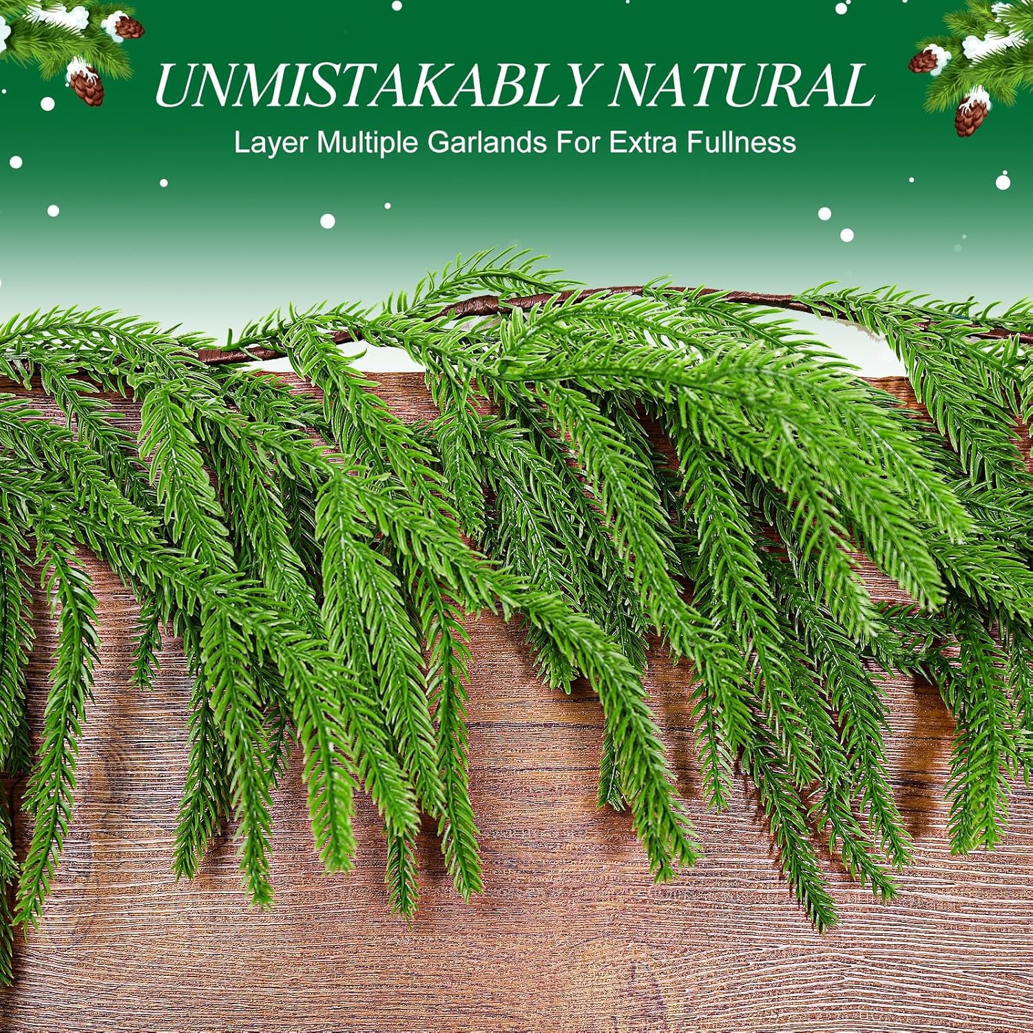 2 Pack 9 Ft Artificial Norfolk Pine Garlands - Christmas Decor Realistic Pine Garland, Green Faux Greenery Garland for Table, Mantle, Fireplace, Wall, Indoor Outdoor Winter Christmas Decorations