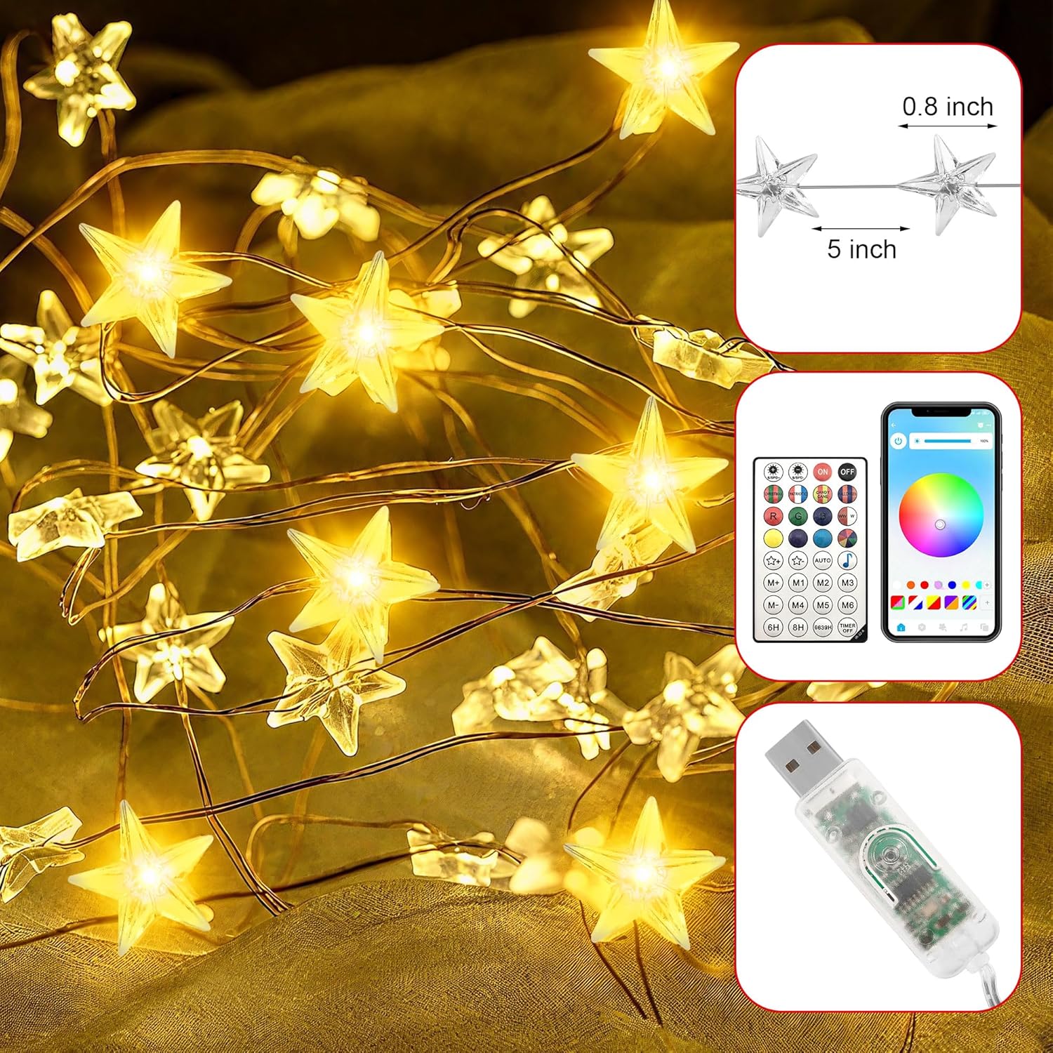 Smart Star Christmas Lights Indoor, 16.4 FT 40 LED USB Star Lights String, App & Remote Control, Timer Music Sync, Star String Lights for Bedroom