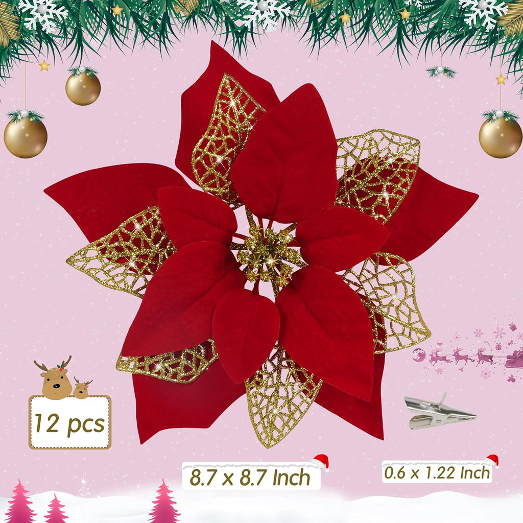 12 PCS Poinsettia Flower Artificial Poinsettia Christmas Decoration 8.7'' Red Glitter Poinsettias Christmas Ornaments Christmas Tree Flower Decor with Clips DIY Xmas Wreath Holiday Home Party Decor