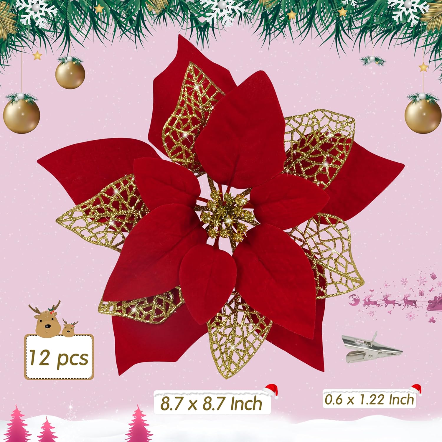 12 PCS Poinsettia Flower Artificial Poinsettia Christmas Decoration 8.7'' Red Glitter Poinsettias Christmas Ornaments Christmas Tree Flower Decor with Clips DIY Xmas Wreath Holiday Home Party Decor
