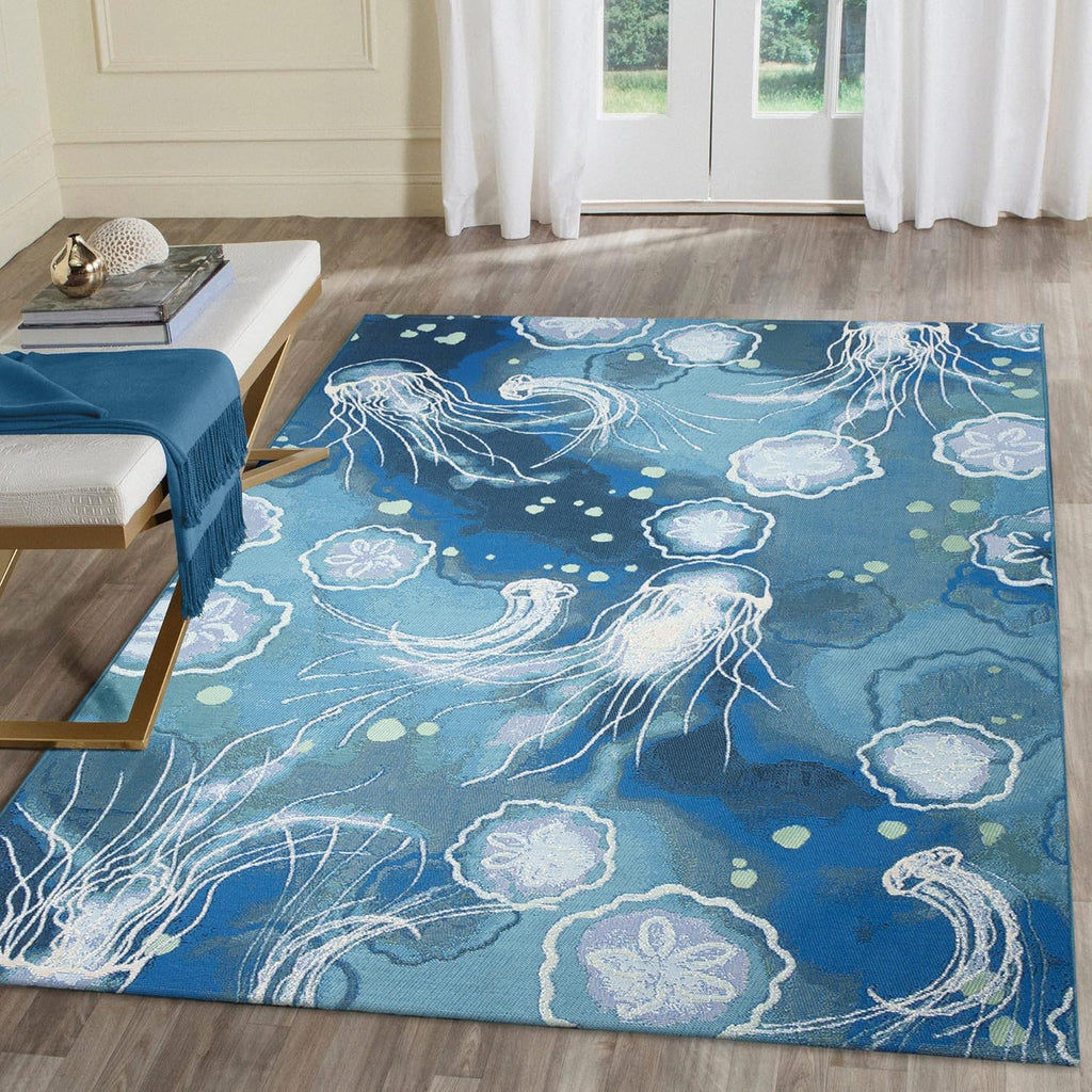 Liora Manne Marina Indoor/Outdoor Power Loomed Synthetic Blend Low Profile Area Rug - Contemporary Graphic Coastal Beach Colorful (Jelly Fish Bloom) (7'10" x 9'10")