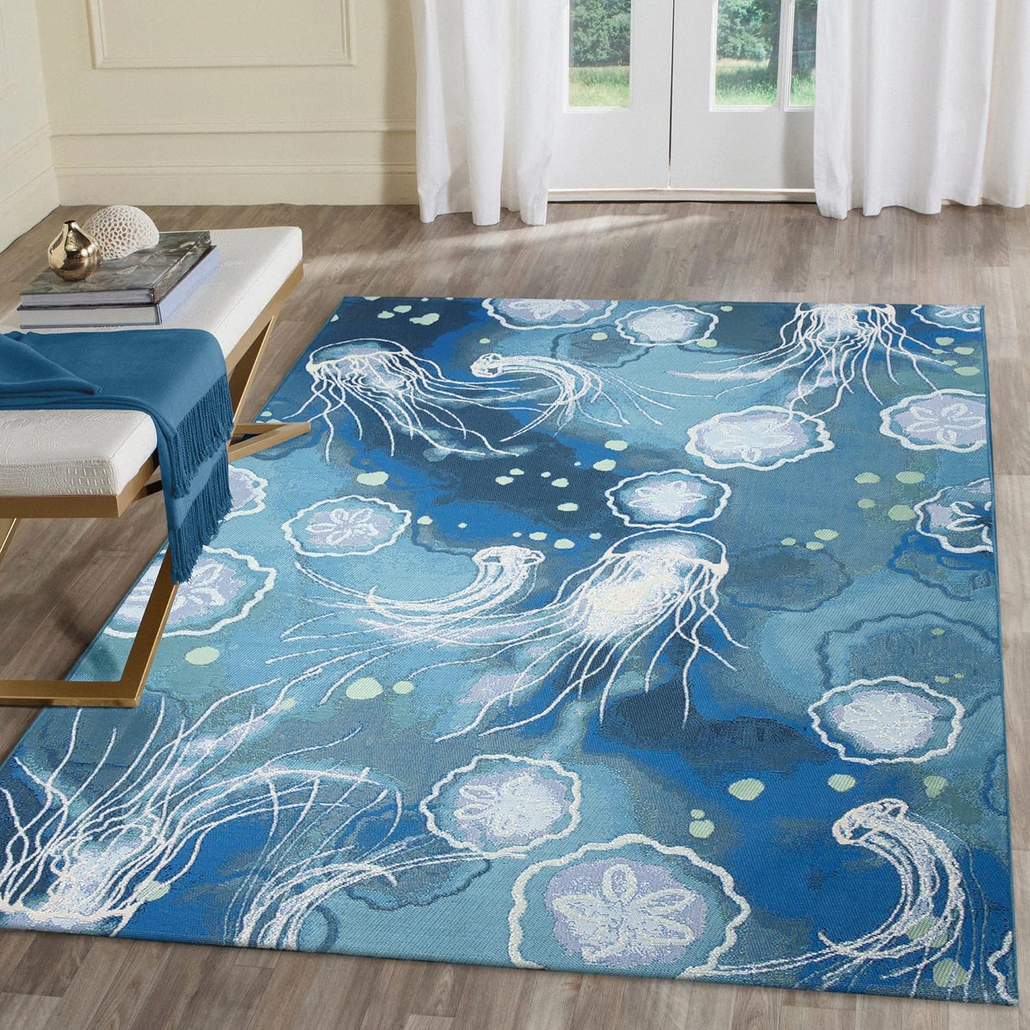 Liora Manne Marina Indoor/Outdoor Power Loomed Synthetic Blend Low Profile Area Rug - Contemporary Graphic Coastal Beach Colorful (Jelly Fish Bloom) (7'10" x 9'10")