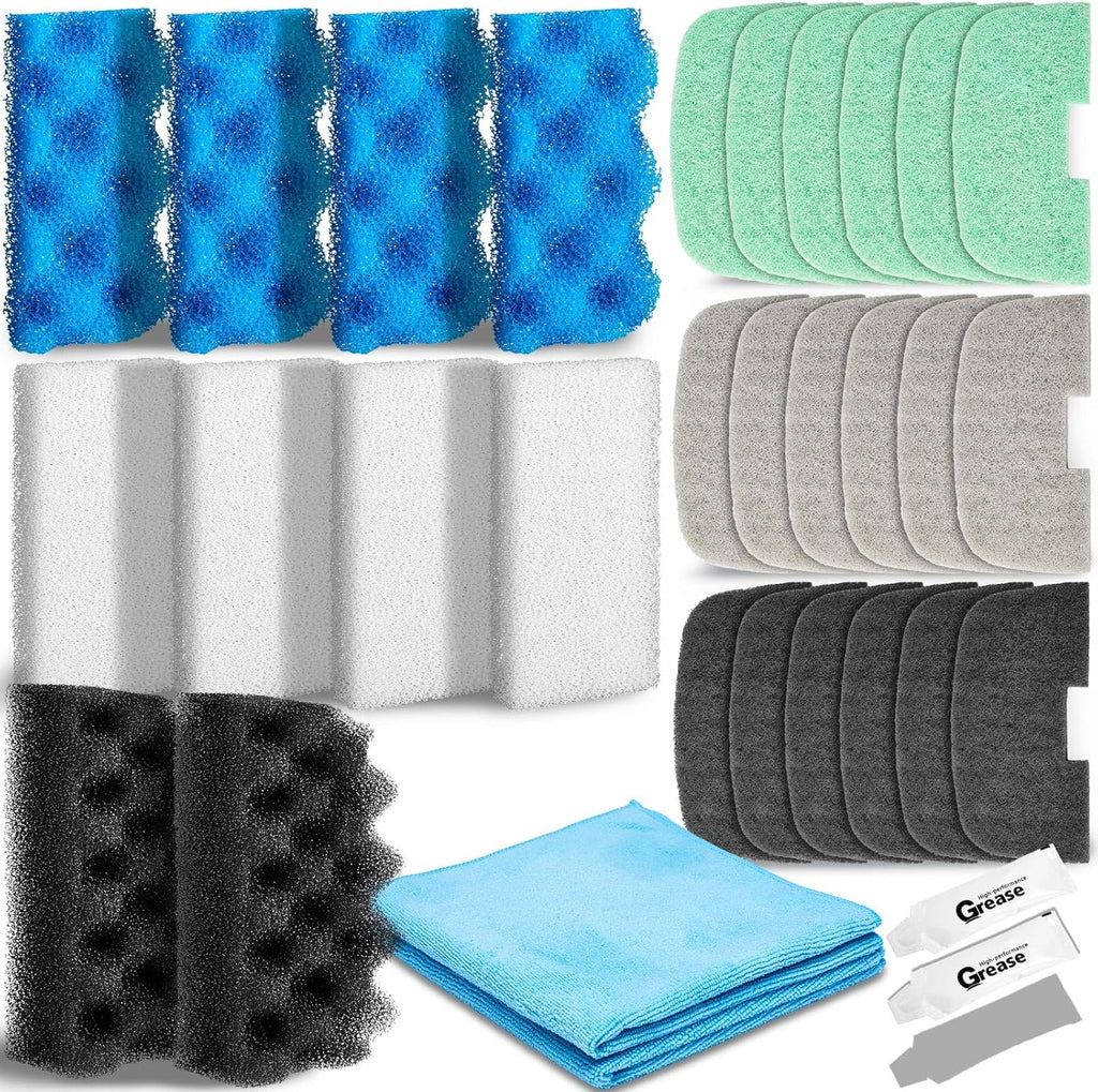 32 Pcs Aquarium Replacement Maintenance Kit Compatible with Fluval 106/107 Filter Media Including Biological Sponge, Ammonia/Phosphate/Nitrite Remover Pad, Aquarium Towel, Grease