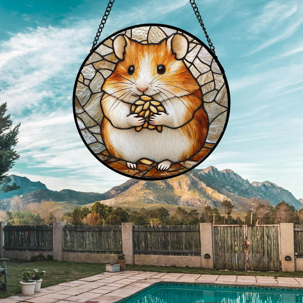 Stained Glass Window Hanging 4 Pcs Set Cute Cat and Dog 9.8" - Animal Suncatcher Door Garden Sun Catcher Decor Birthday Mother's Day for Mom Woman Nana Girl Boy Friend