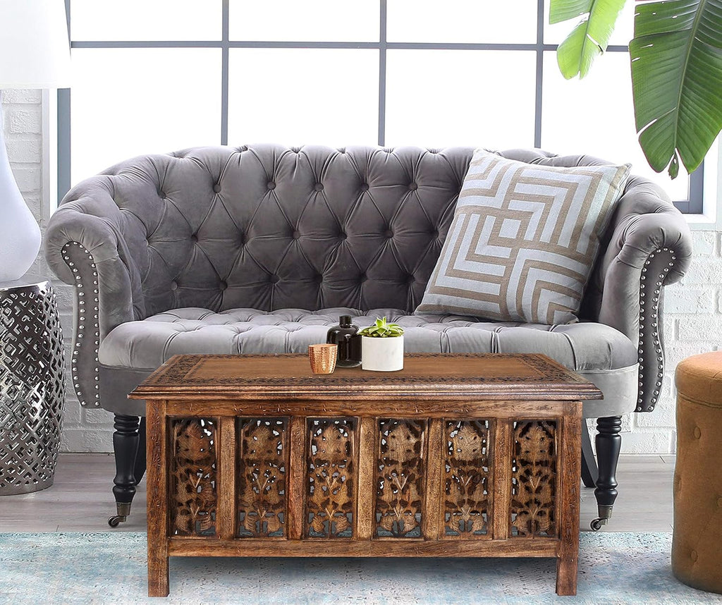 Wooden Coffee Table 36x18 Inch – Hand-Carved Solid Wood Center Table, Vintage Burnt Finish Modern Coffee Table for Living Room, Entryway Table for Magazines, Books & Plants