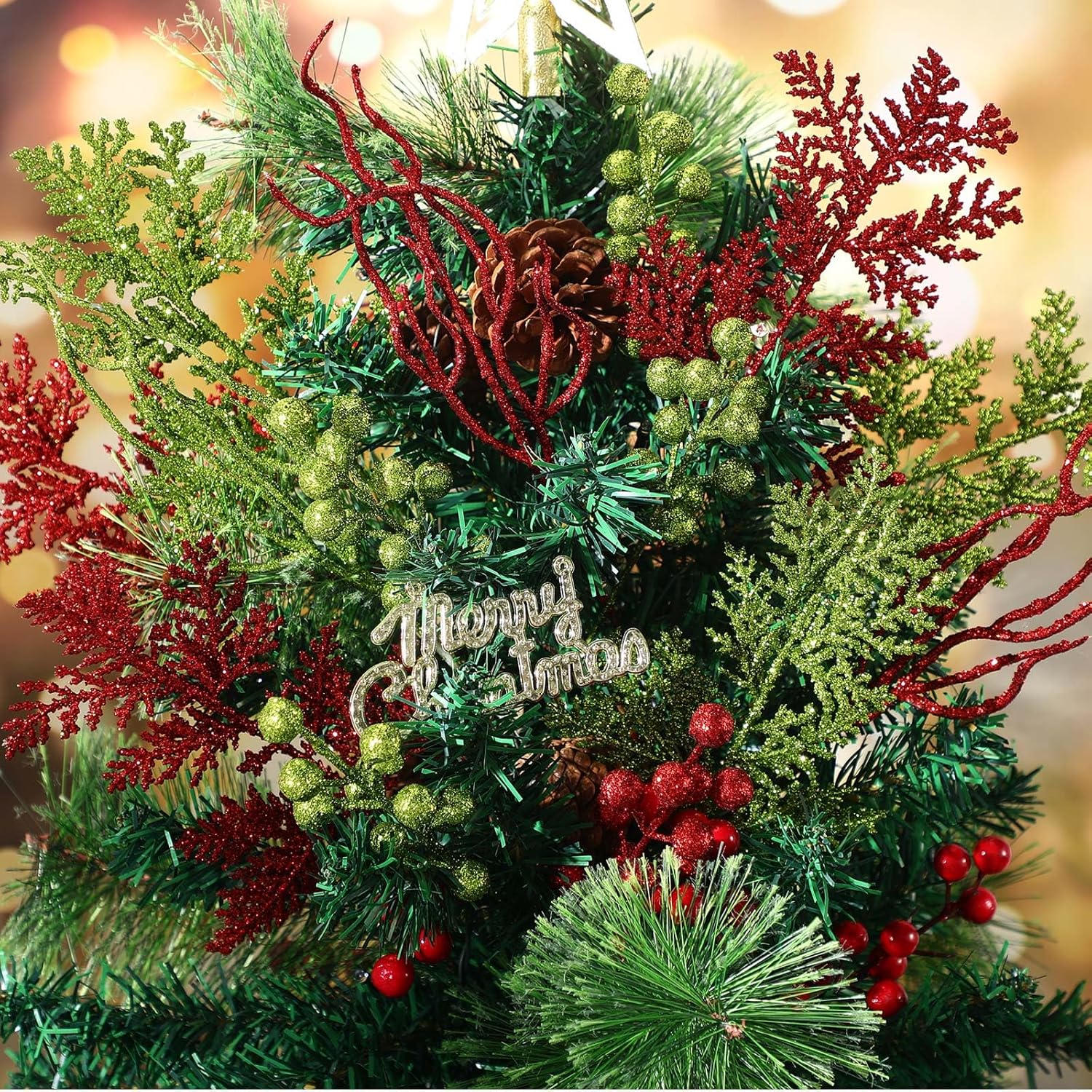 75 Pcs Christmas Glitter Branches 3 Styles Artificial Christmas Picks Berries Stems Pine Needles Floral Twig Spray for Xmas Tree Ornaments DIY Wreath Garland(Red, Green)