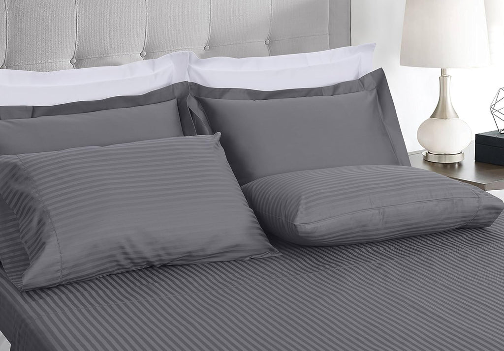 Threadmill 100% Cotton Sheets for King Size Bed - 600 Thread Count King Bed Sheets Set with 16” Deep Pocket - Damask Stripe Sateen Weave 4-Piece Bedding Set with Cooling Effect, Dark Grey