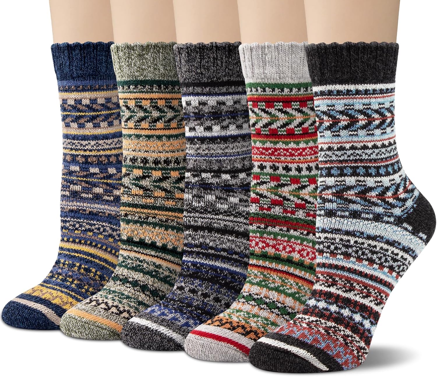 Justay 5 Pairs Wool Socks for Women - Winter Thick Boot Cozy Crew Vintage Soft Calf Knit Warm Socks Gifts