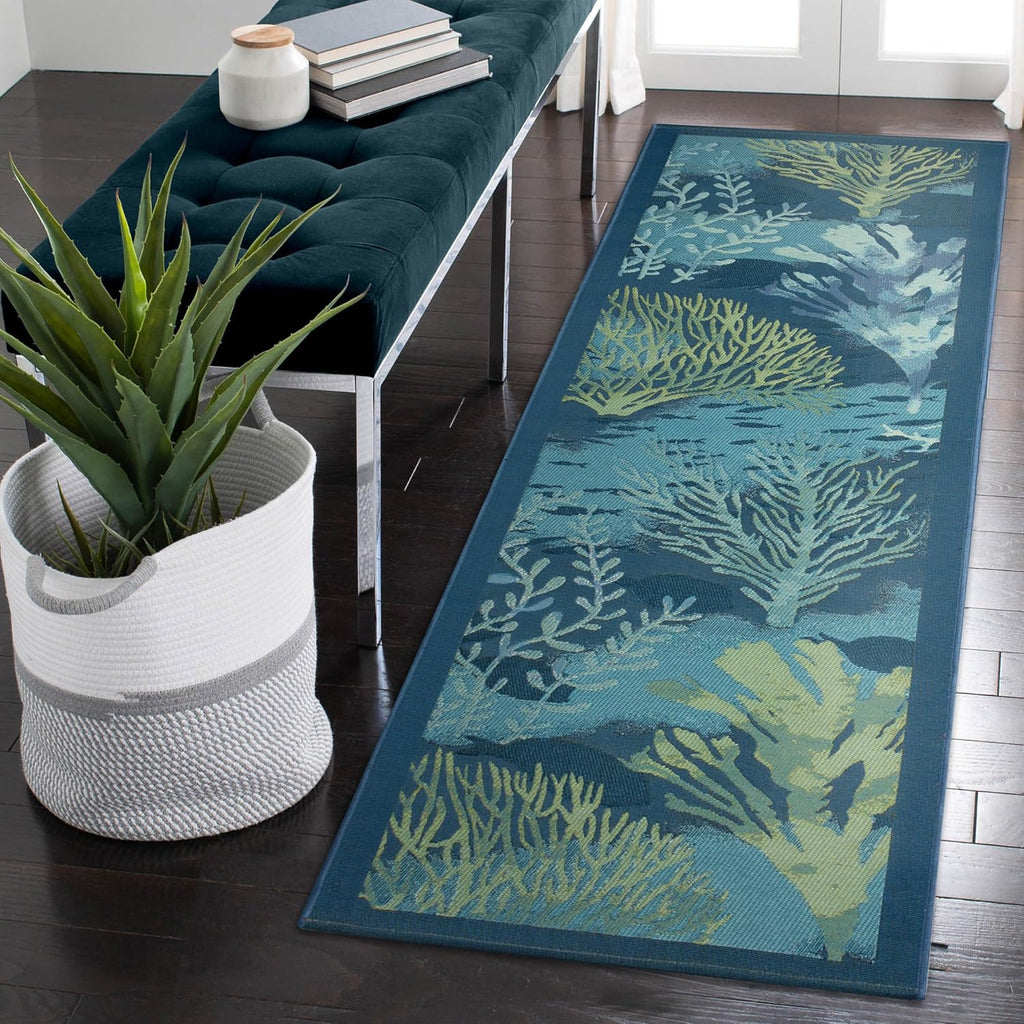 Liora Manne Marina Indoor/Outdoor Power Loomed Synthetic Blend Low Profile Area Rug - Transitional Border Botanical Beach Colorful (Coral Garden Lapis) (1'11" x 7'6")