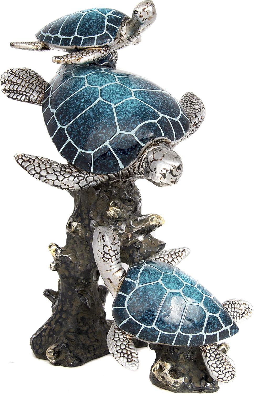 Triple Sea Turtle Statue – Ocean Decor Figurine with Coral Reef Base | Coastal Tabletop Accent in Bronze, Silver & Pacific Blue | Beach House Nautical Room Decoration (9.5" x 7.25")