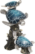 Triple Sea Turtle Statue – Ocean Decor Figurine with Coral Reef Base | Coastal Tabletop Accent in Bronze, Silver & Pacific Blue | Beach House Nautical Room Decoration (9.5" x 7.25")