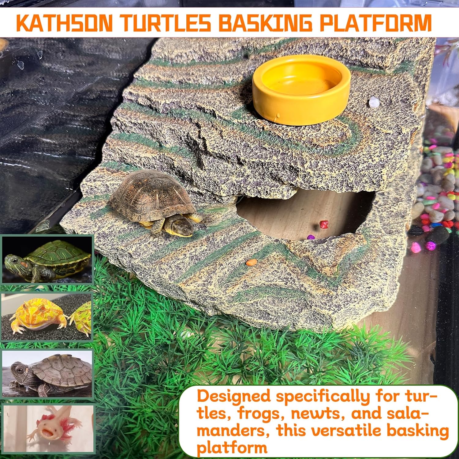 kathson Turtles Basking Platform, Reptile Cave Hideout,Tortoise Resting Terrace with Climbing Ramp,Turtle Resin Dock Tank Accessories Decor for Amphibians, Lizard, Gecko, Frog, Salamander,Extra Large