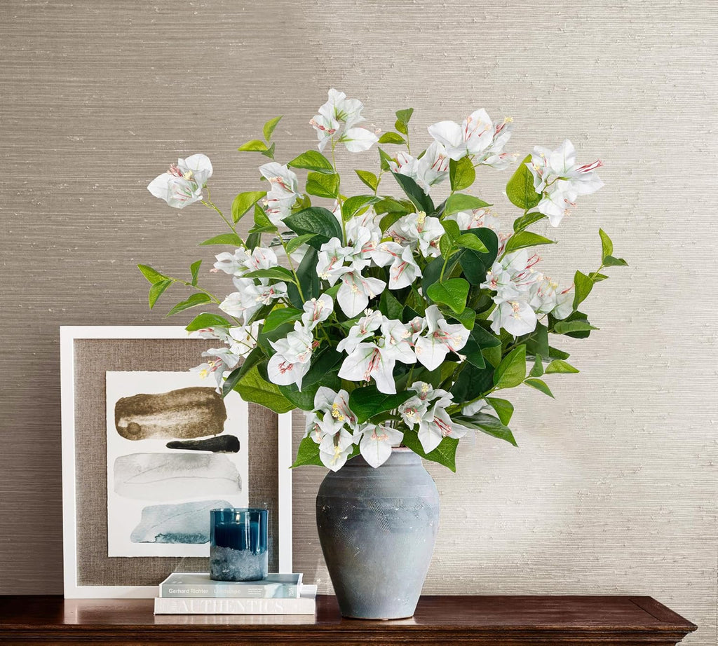 Hollyone 2Pcs Bougainvillea Artificial Flowers Bouquets White Fake Flower Silk Flowers with Long Stem Floral Arrangements Faux Bougainvillea Flower Plant for DIY Wedding Party Centerpieces Home Decor