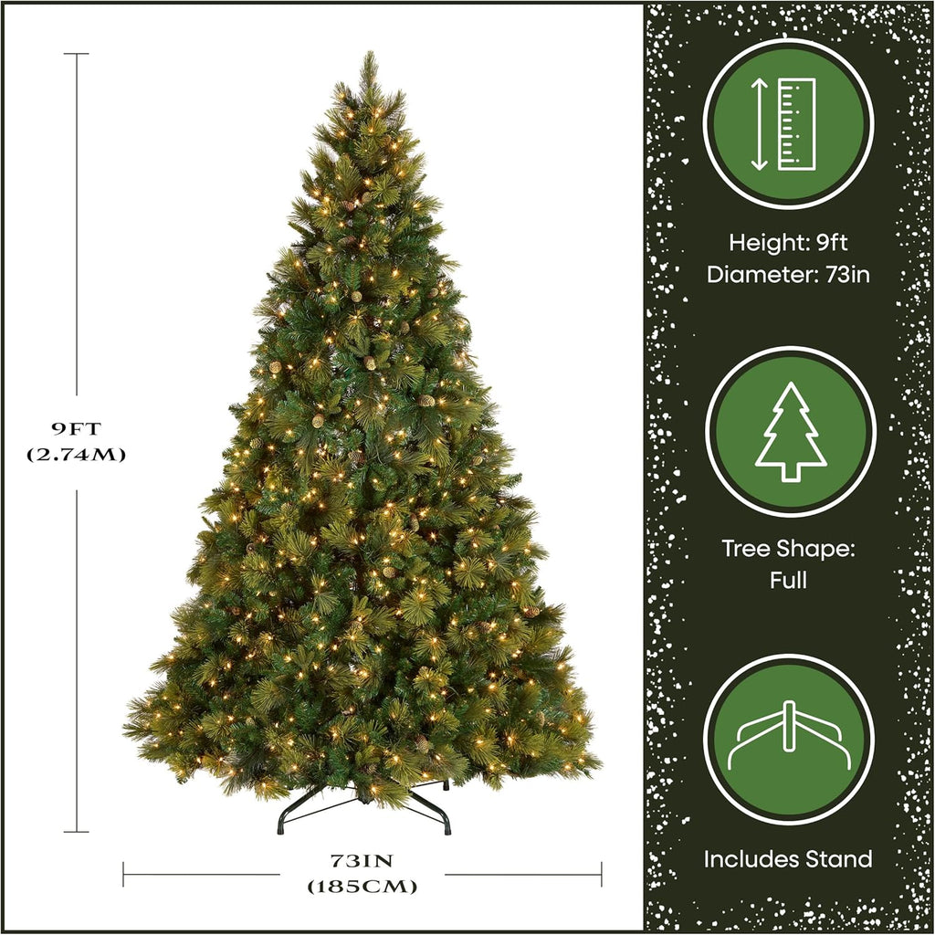 National Tree Company 9 ft Pre-Lit Carolina Pine Full Artificial Christmas Tree, 900 Clear Lights, 2,347 Tips, Includes Stand, Green